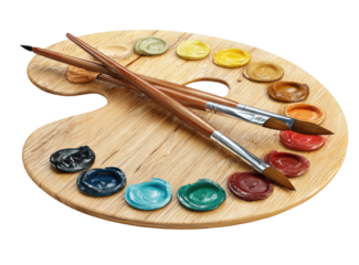 Wooden artist's palette with paint colors and brushes