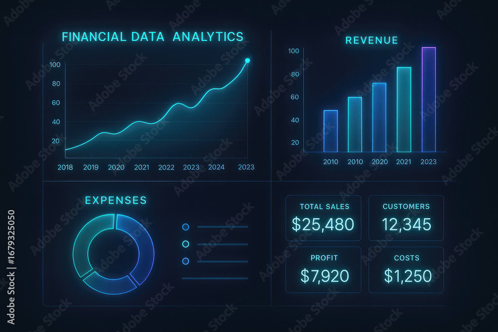Poster financial data analytics dashboard with line and bar charts revenue expenses and sales metrics