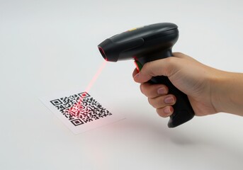 Hand scanning qr code with red laser isolated on white background