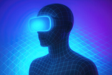 Futuristic 3D Wireframe Human Head Wearing Virtual Reality Headset with Neon Glow technology future