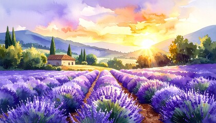 Beautiful Sunrise Over a Vibrant Lavender Field in Provence, France