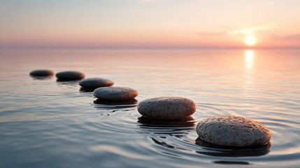 Pathway of Serenity: Stones elegantly placed in a calm body of water, kissed by the dawn, embodies tranquility and the journey of life, against a dreamy, pastel-hued sky.
