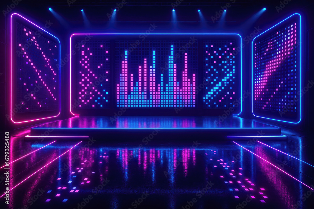 Poster futuristic neon stage with digital sound wave display and reflective floor image photo