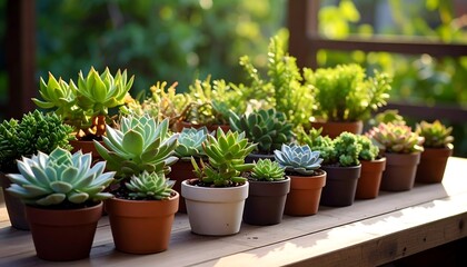 A collection of small succulents in terracotta pots sits on a wooden surface, bathed in sunlight