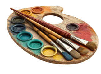Aged wooden paint palette with paint and brushes