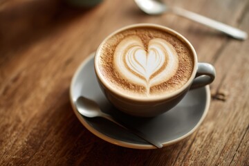 Fototapeta premium Heart-shaped latte art cappuccino on rustic wooden table with cozy warm coffee shop light, symbol of romance, lifestyle, and hospitality themes