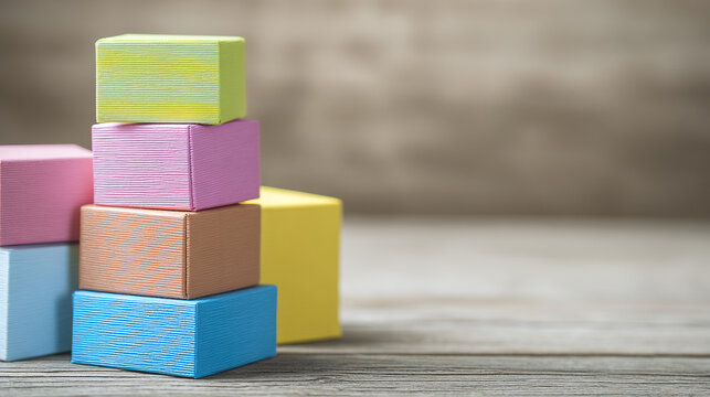 Colorful package boxes neatly stacked on a wooden table, showcasing modern packaging design.