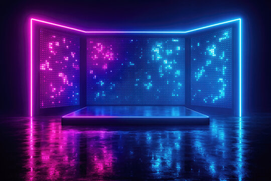 Futuristic Neon Stage with Digital Screens and Wet Floor Reflections image photo