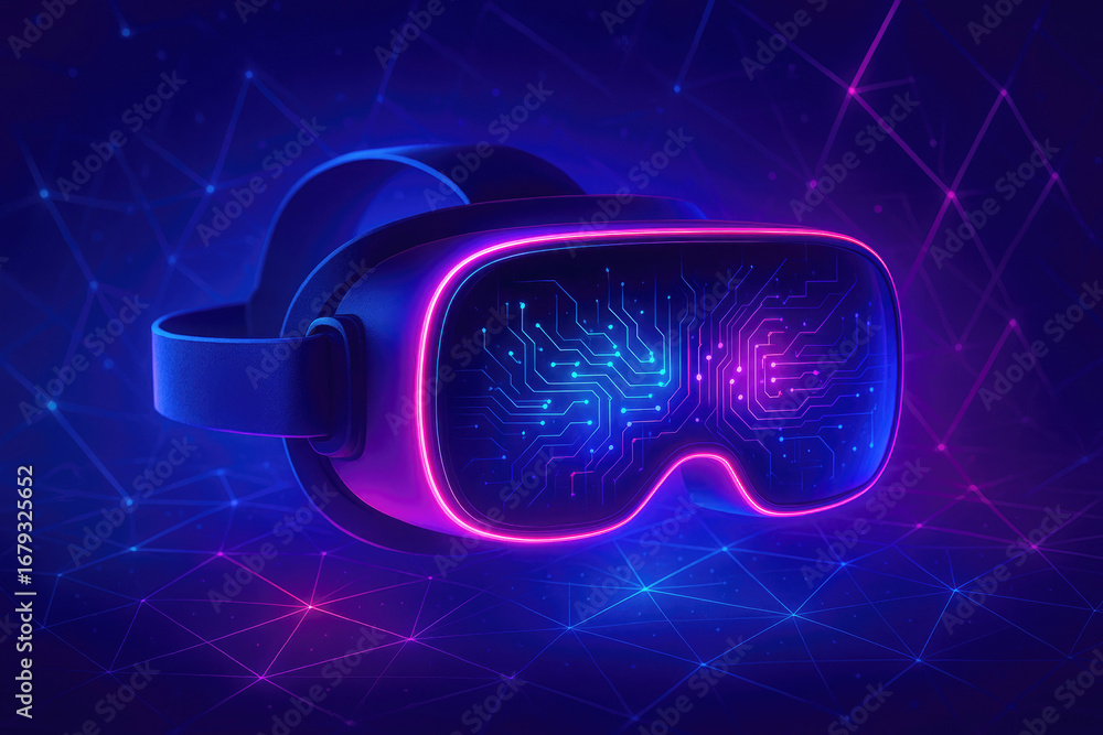 Poster futuristic vr headset with glowing circuit board display and digital network background virtual real