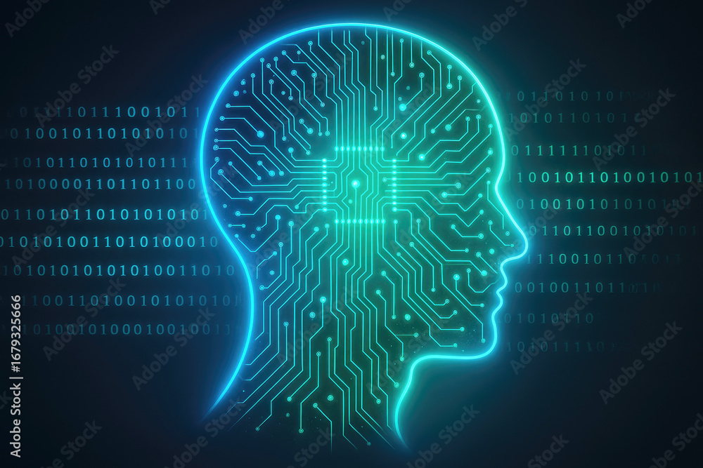 Poster glowing cyan circuitry forming a human head silhouette with binary code background artificial intell