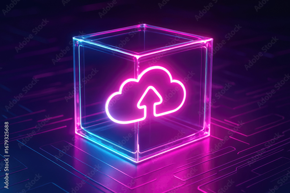 Poster glowing neon cloud and upload arrow inside a transparent cube technology data
