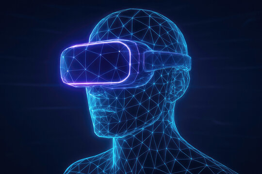 Futuristic Wireframe Human Head Wearing Neon VR Headset with Digital Grid VR headset virtual reality - Powered by Adobe