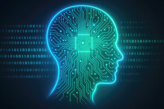 Glowing Cyan Circuitry Forming a Human Head Silhouette with Binary Code Background artificial intelligence - Powered by Adobe