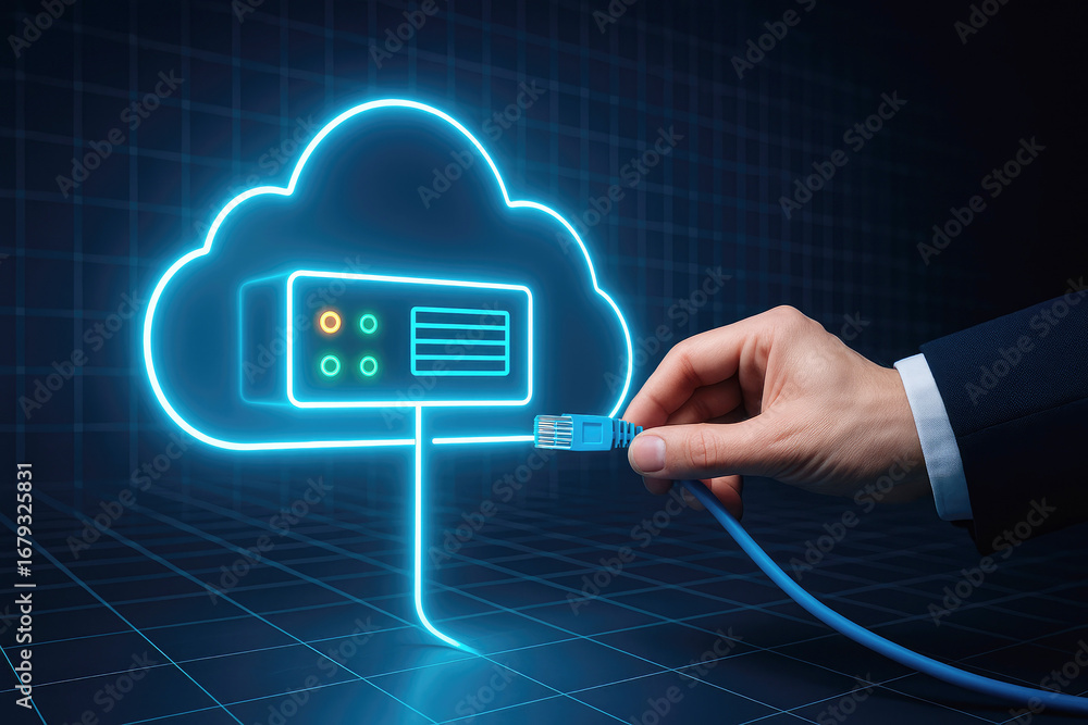 Poster hand plugging network cable into glowing neon cloud server interface cloud computing ethernet cable