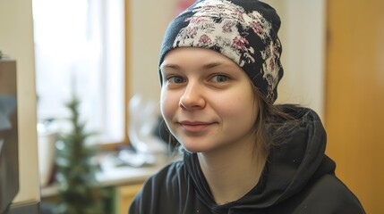 Portrait of a Young Woman Wearing a Knit Hat in a Room