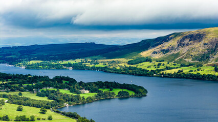 Dramatic clouds casting shadows over the peaceful landscape of Ullswater in summer