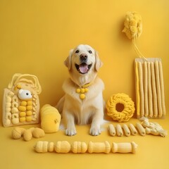 Adorable Golden Retriever with Yellow Toys and Accessories
