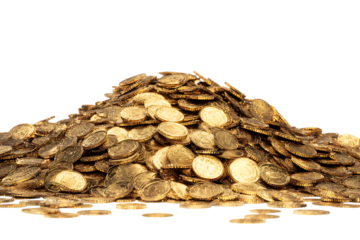 A large pile of gold coins on a black background.