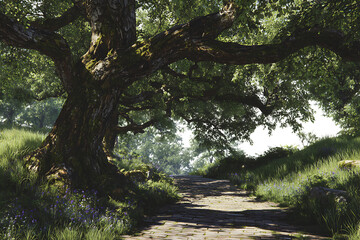 Scenic path under a large, ancient oak tree in a lush green meadow.