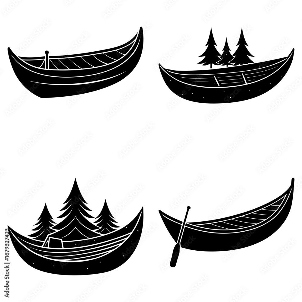 Poster four black and white illustrations of canoes some with trees and one with an oar in a simple style