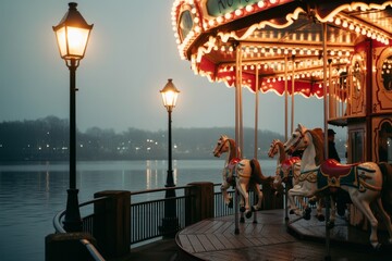 Vintage carousel horses illuminated by lamplight at night