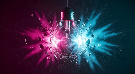 Exploding Light Bulb with Pink and Blue Dust Particles Showcasing Brilliant Ideas and Innovation