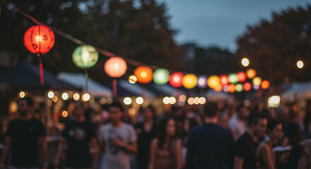 People enjoying street fair with colorful lanterns at dusk - Concept of autumn holidays and events