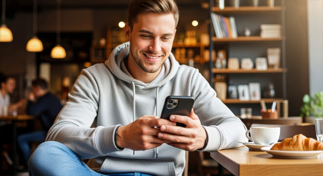 Man in a cafe using his smartphone while sitting near a table with a pastry and coffee cup on it indoors