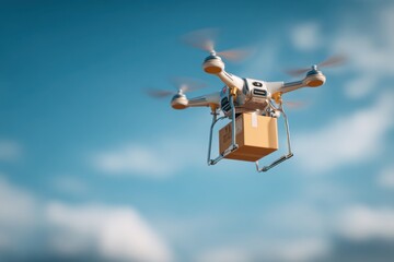 Futuristic flying drone with small package in midair, modern logistics and aerial shipping technology background, blue sky concept for cargo courier express delivery service