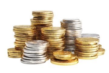 Close up of numerous gold and silver coins stacked high.