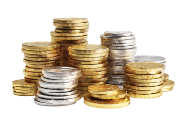 Close up of numerous gold and silver coins stacked high.