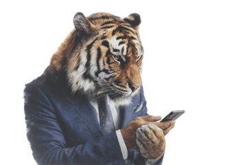 Tiger in suit using smartphone.