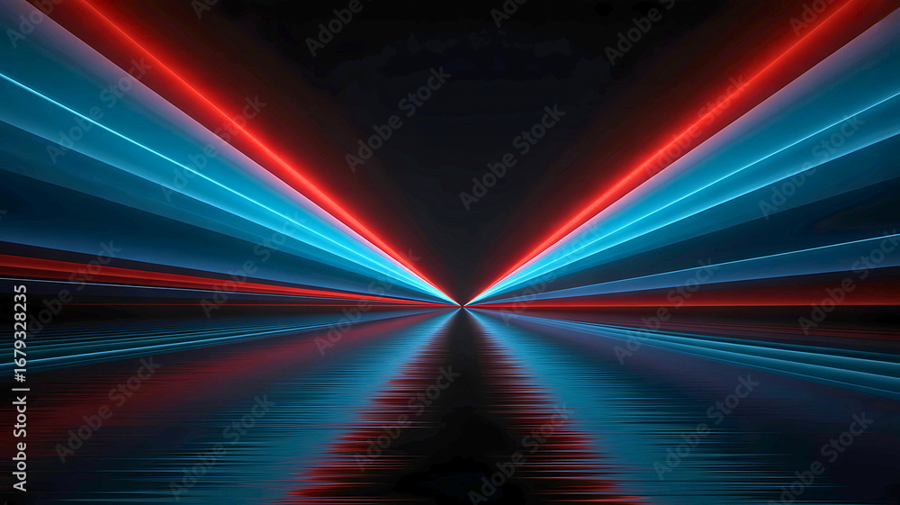 Poster dynamic perspective of vibrant red and blue neon light trails converging in a dark, reflective tunne