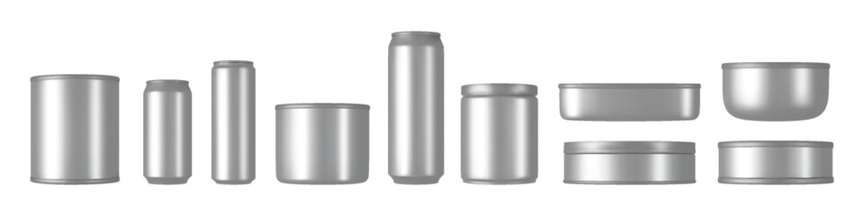 Can mockup. Tin soda beer. 3D aluminum cylinder or metal food jars. Blank white packs. Round coffee boxes. Closed conserve packages. Preserves packaging. Vector realistic objects set