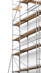A sturdy metal scaffolding structure, with light brown wooden planks, is positioned against a plain white wall.