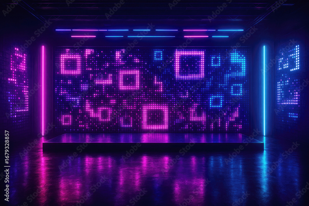 Poster neon lit stage with geometric digital patterns and reflective surface image photo