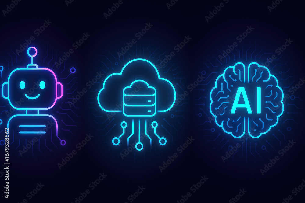 Aufkleber neon icons of robot, cloud storage, and ai brain on dark circuit background artificial intelligence