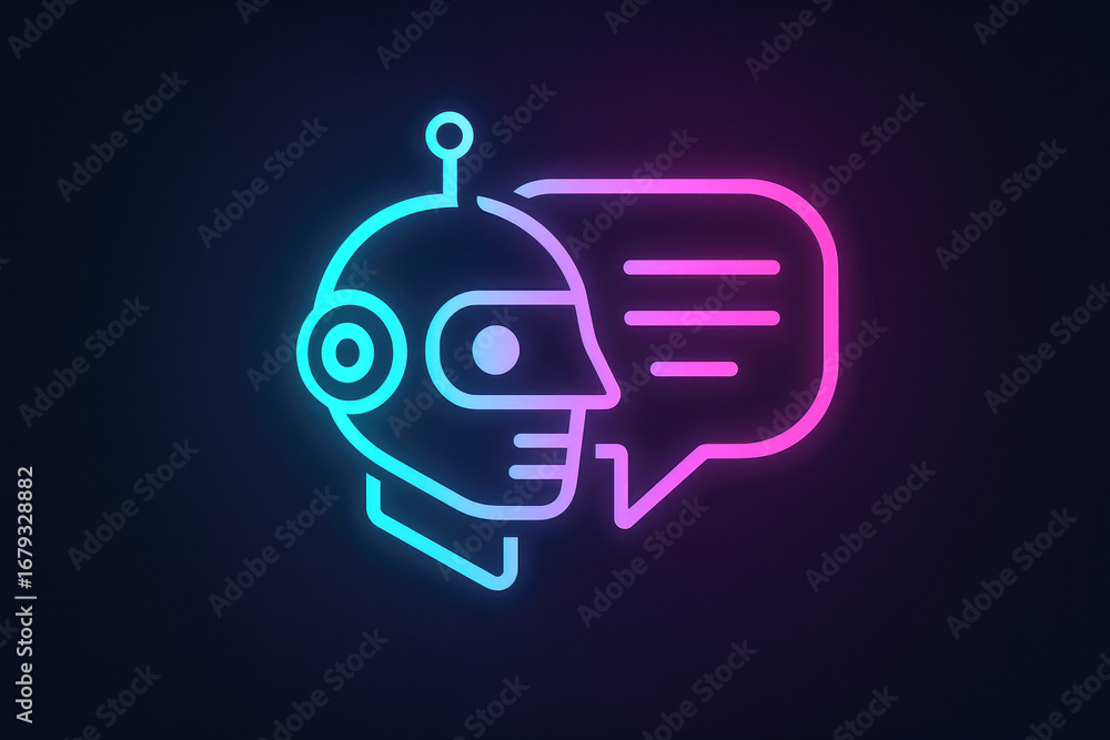 Poster neon robot head with speech bubble in futuristic glowing style artificial intelligence chatbot