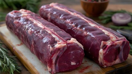 Raw Beef Tenderloin Roast, Two Pieces on Wooden Board
