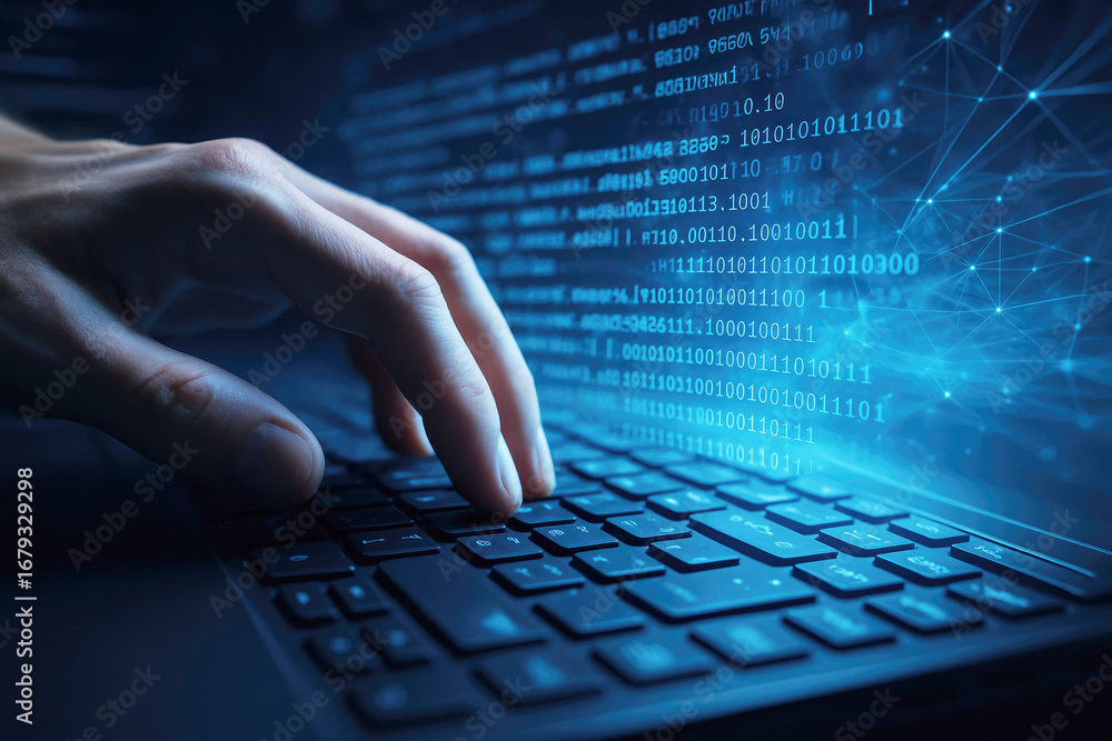 Poster person's hand typing on a laptop keyboard with illuminated binary code and digital network lines han