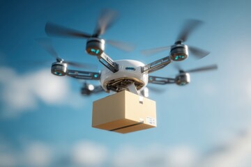 Futuristic logistics drone flying with package, modern cargo delivery innovation with blue sky background, aerial shipping technology concept for express transport and courier services