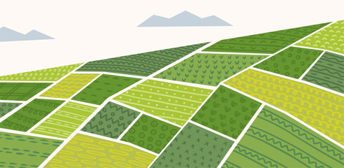 Field pattern. Farm grassland texture, geometric forest countryside with country farmland plants. Grass patch. Rural organic landscape. Environment care symbol. Vector background
