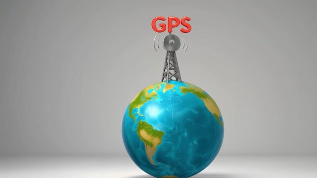 3D GPS communication tower icon on tiny planet isolated on white background