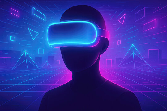 Person wearing VR headset in a neon digital landscape with geometric shapes virtual reality silhouette