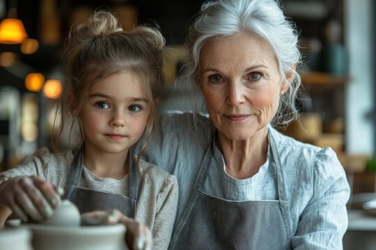 A young girl and her grandmother, both wearing aprons, work together on a pottery wheel, sharing a moment of generational connection and artistic creation.