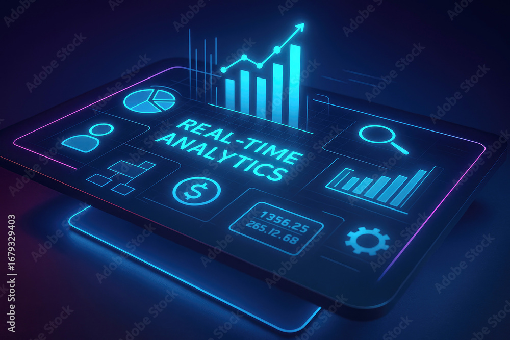 Poster real-time analytics dashboard with graphs and icons on a futuristic tablet data real-time