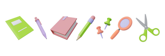 3D school icons. Education supplies. Read book. Pen and pencil. Stationery scissors. Magnifier for studying. Cute notebook or eraser. Paperclip tools. Vector pastel render objects set