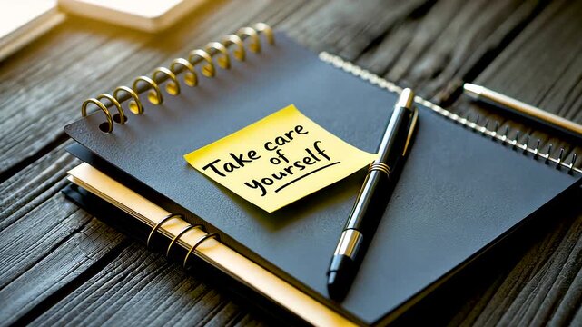 Closeup of notebook with sticky note reminder take care of yourself beside pen and glasses on wooden table