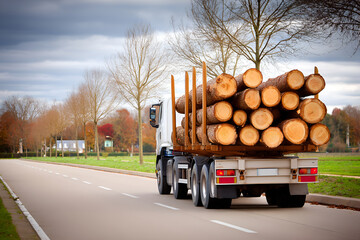 Logging truck transporting timber logs on rural road in autumn landscape