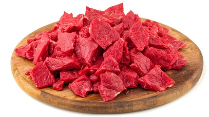 Fresh Diced Beef Steak on Wooden Board, Raw Meat Cubes
